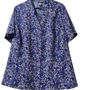 Catherine's 2X WP Blue White Print Button Up Short Sleeve Casual Work Business.